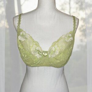 Vintage Felina 7822 36D Underwire Lace Bra - Green Floral Lingerie Embroidery